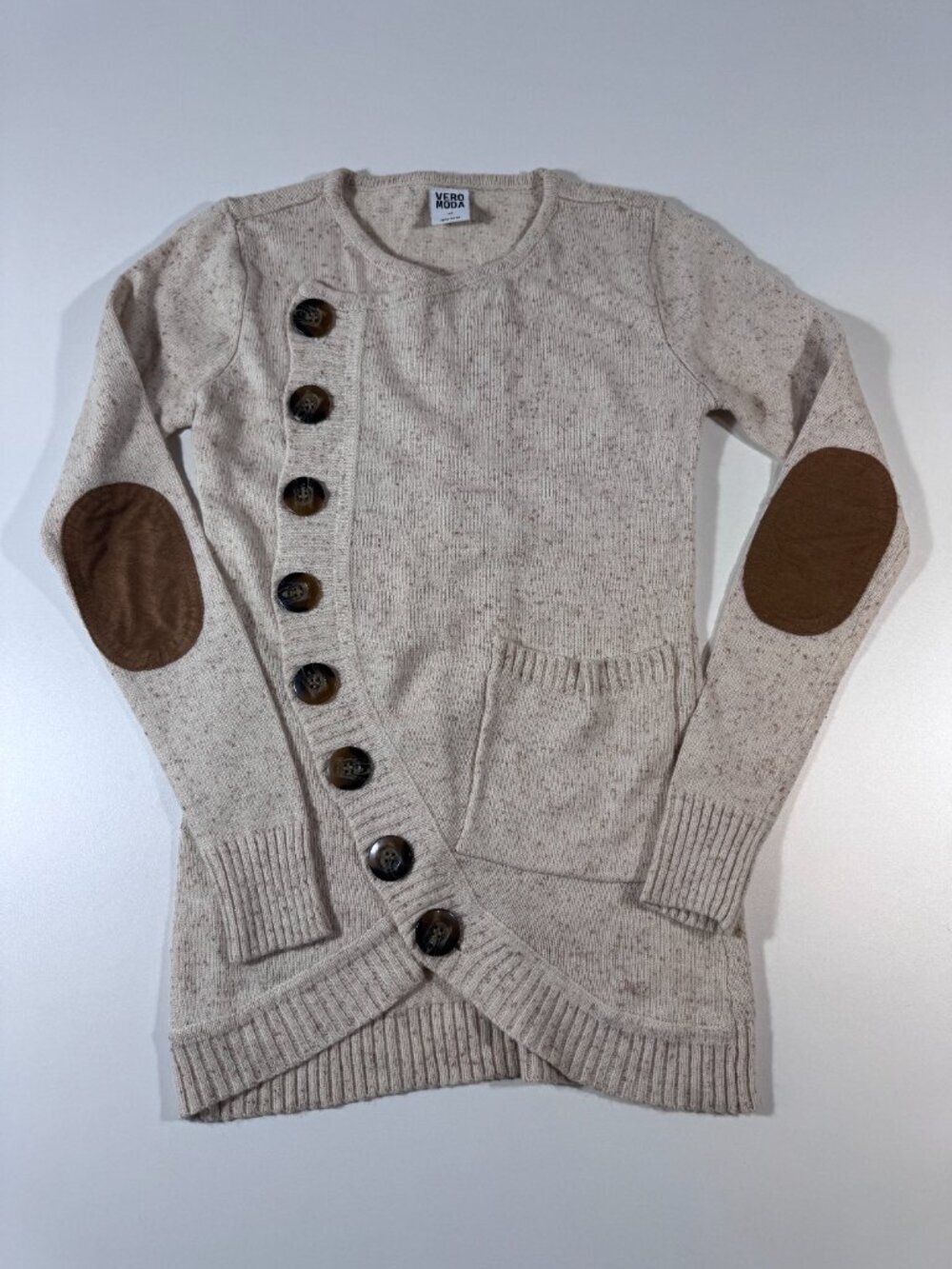 Vero Moda Oatmeal Speckled Button Cardigan Sweater w/ Elbow Patches XS - Picture 2 of 10